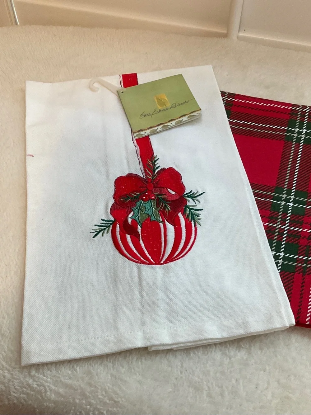 Embroidered Red Holiday Tea Towel by